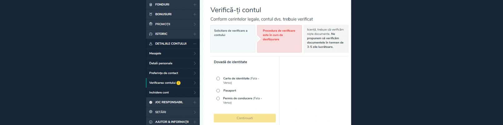 cum faci o verificare cont Vlad Cazino