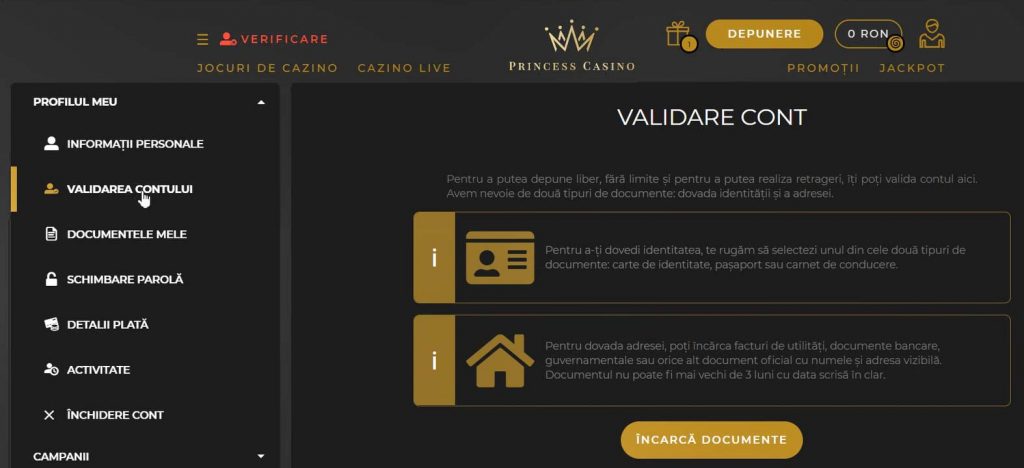 documente validare cont princess casino
