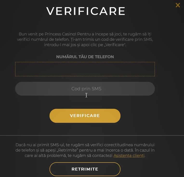 verificare cont princess casino sms