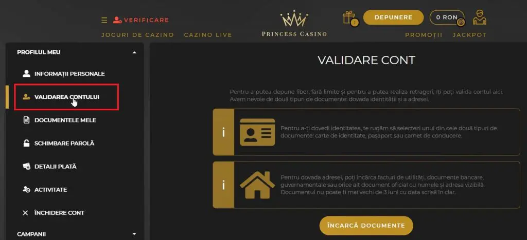 validare cont princess