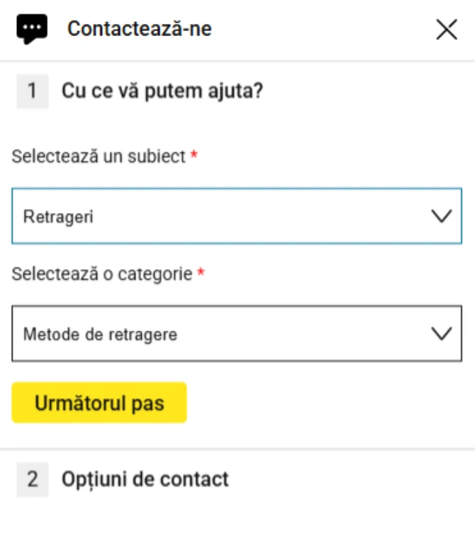 Opțiunile disponibile de contact și subiectele problemei.