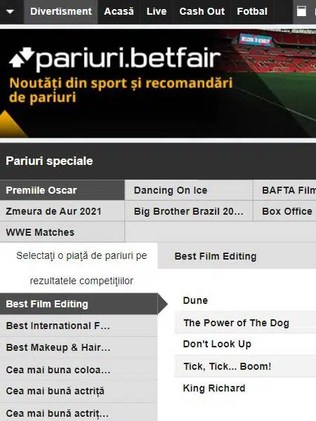 betfair pariuri oscar 2022