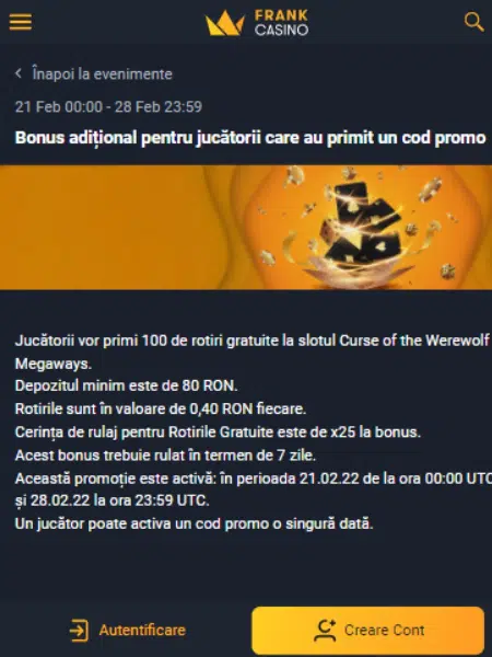 frank casino 100 rotiri bonus inregistrat