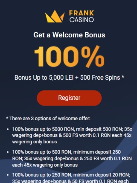 bonus bun venit frank casino nou