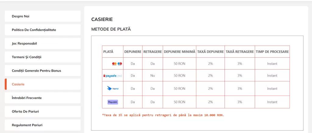 metode de plata luck casino