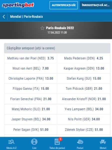 cote pariuri ciclism roubaix 2022