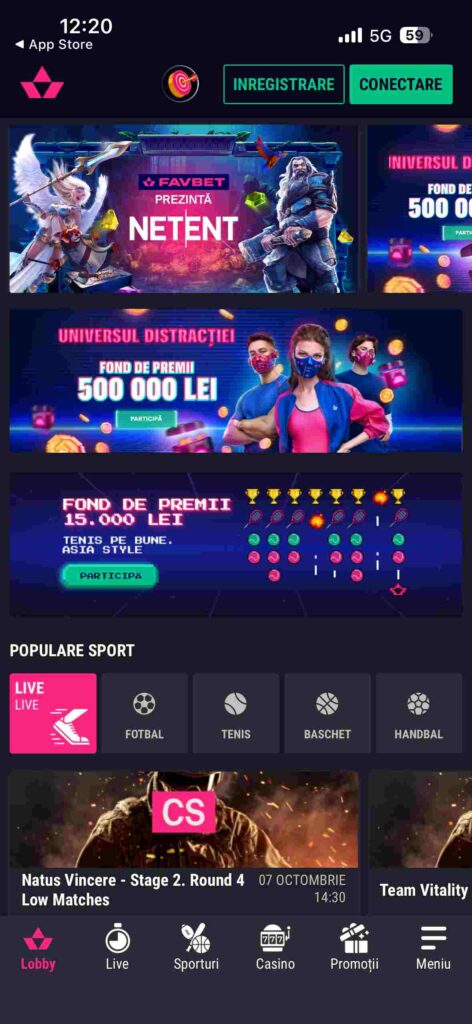 Ecran principal din Favbet App