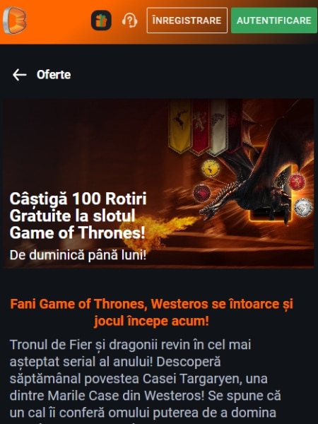 betano 100 rotiri game of thrones promotie