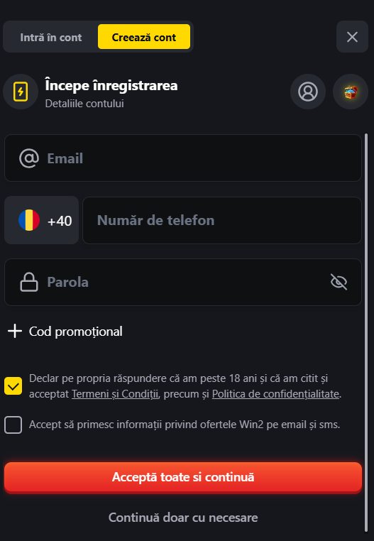recenzie win2 casino - formular de inregistrare