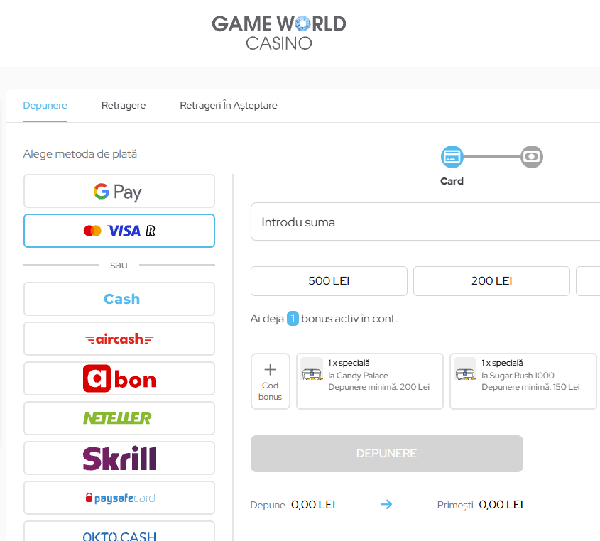 Cum efectuezi o depunere și o retragere la Game World