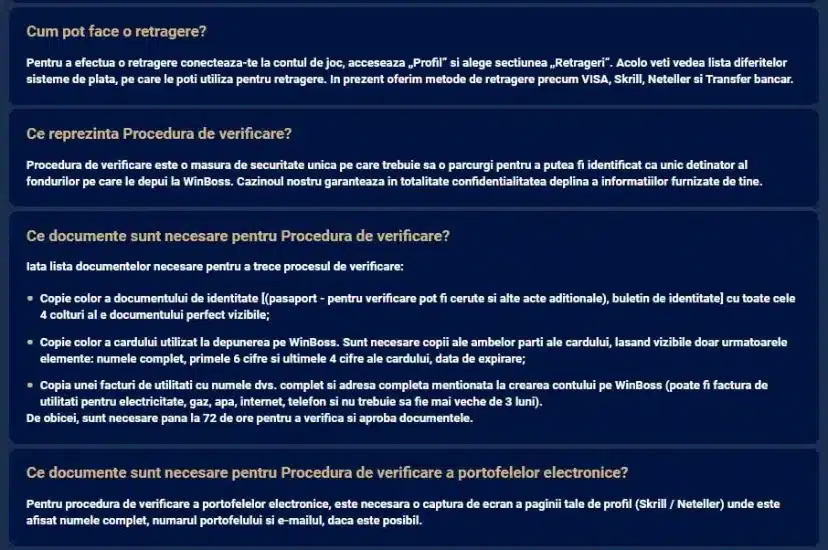 intrebari depunere winboss casino