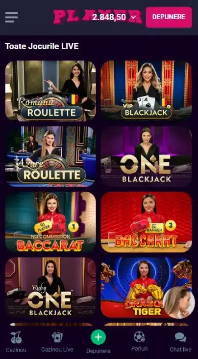 live casino player pe mobil