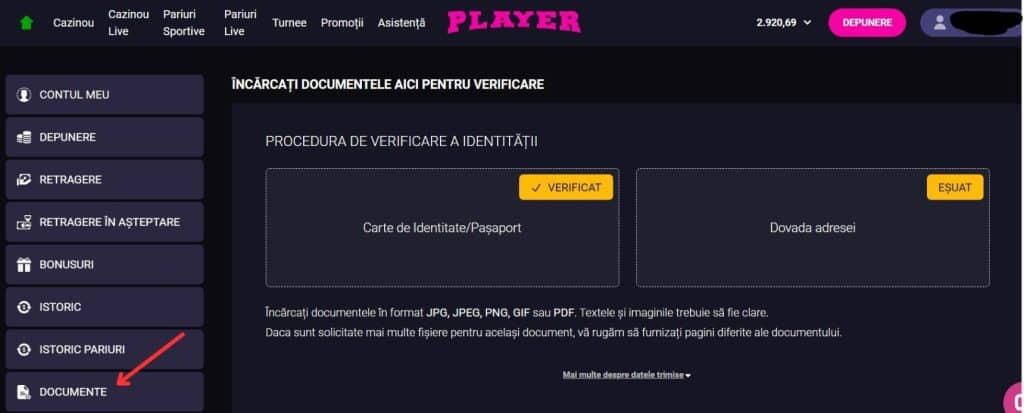 Player Casino verificare cont 
