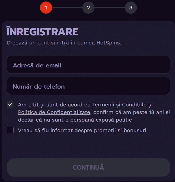 formular înregistrare Hot Spins casino