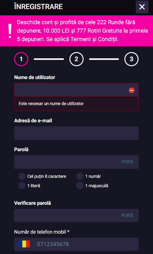 formular de înregistrare player casino online
