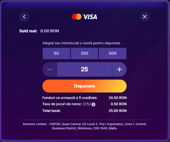 depunere minima zinx casino - 25 RON