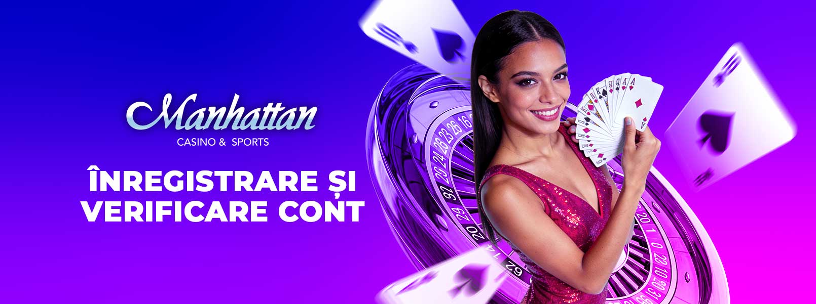 Manhattan Casino & Sports, secțiune de înregistrare și verificare cont, cu tematică live casino, ruletă și cărți de joc pe fundal violet