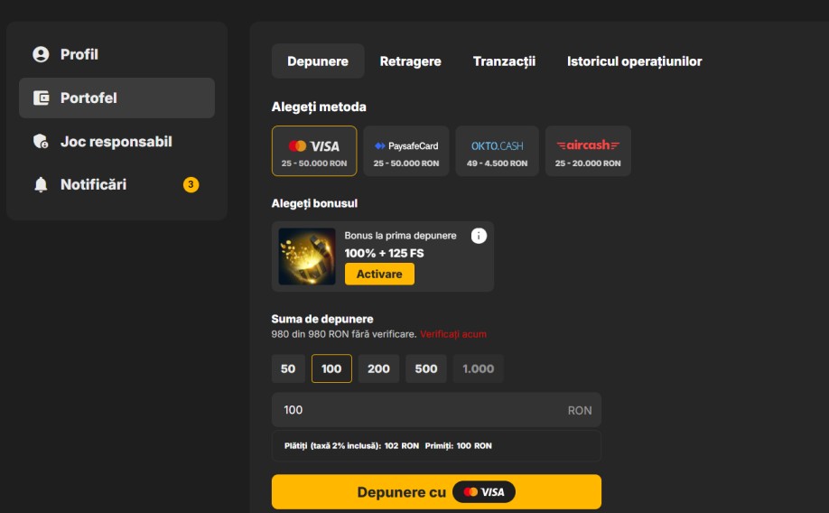 pasi pentru depunere million casino