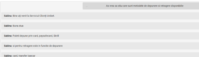 Conversație live chat la Unibet