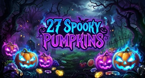 Imagine promoțională pentru slotul 27 Spooky Pumpkins de la SYNOT, cu logo-ul jocului în nuanțe neon albastre și violet, dovleci Halloween luminoși, lilieci și un cimitir înfricoșător, alături de monede și jetoane de cazino pe fundal nocturn.
