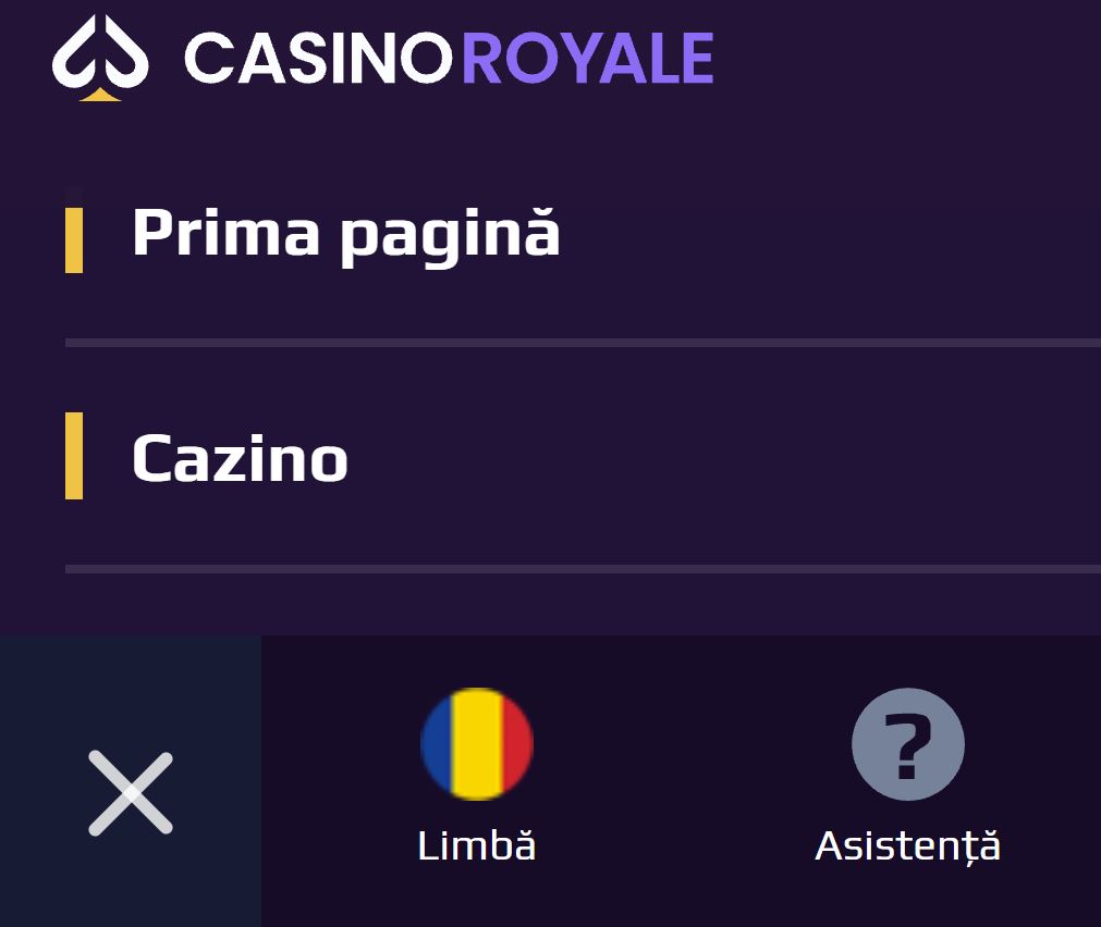 asistenta-la-casino-royale Meniu mobil Casino Royale, cu secțiunile Prima pagină și Cazino, opțiunea de selectare a limbii române, butonul Asistență pentru suport și butonul de închidere a meniului.