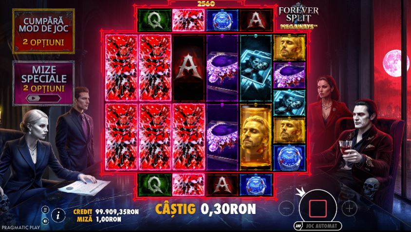 castig-cascada-la-forever-split-megaways-gratis Ecran de câștig în cascadă la slotul Forever Split Megaways de la Pragmatic Play, cu simboluri roșii fragmentate, bijuterii și personaje vampirice pe role, mecanică Megaways și câștig de 0,30 RON. Sunt afișate soldul de 99.909,35 RON, pariul de 1 RON, funcțiile Buy Bonus și Mize speciale, precum și butoanele Spin și Autoplay.