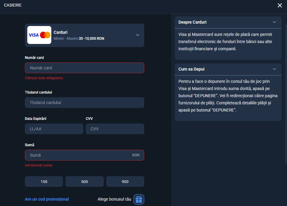 depuneri-prin-card-la-pariuriplus Formular de depunere prin card Visa sau Mastercard în Casieria PariuriPlus, cu câmpuri pentru numărul cardului, titular, data expirării, CVV și suma în RON. Sunt afișate limitele de 30–10.000 RON, sumele rapide de 150, 500 și 900 RON, opțiunea de cod promoțional și selectarea bonusului.