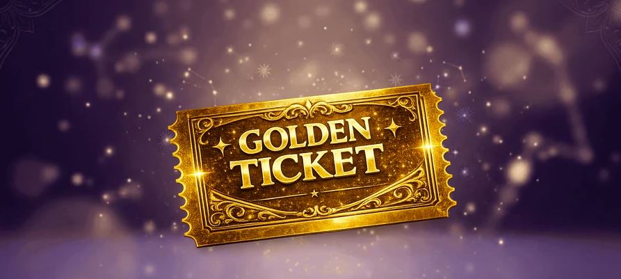 golden-ticket-la-halloween-casino-royale Imagine promoțională pentru Golden Ticket de la Casino Royale, cu un bilet auriu decorat cu ornamente elegante și inscripția „Golden Ticket”, pe fundal violet cu lumini și particule strălucitoare.