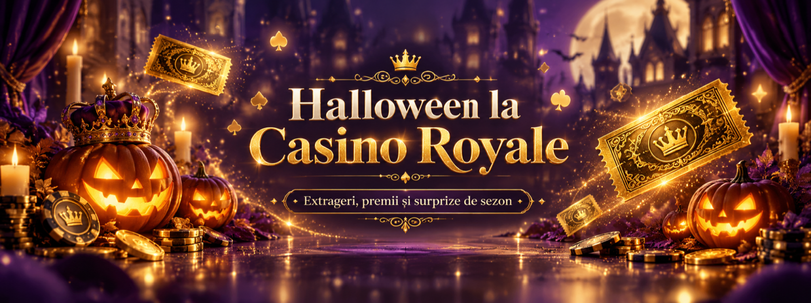 Banner promoțional „Halloween la Casino Royale”, cu extrageri, premii și surprize de sezon, bilete aurii Golden Ticket, dovleci luminoși cu coroane regale, monede și jetoane de cazino, pe fundal violet cu un castel înfricoșător și lună plină.