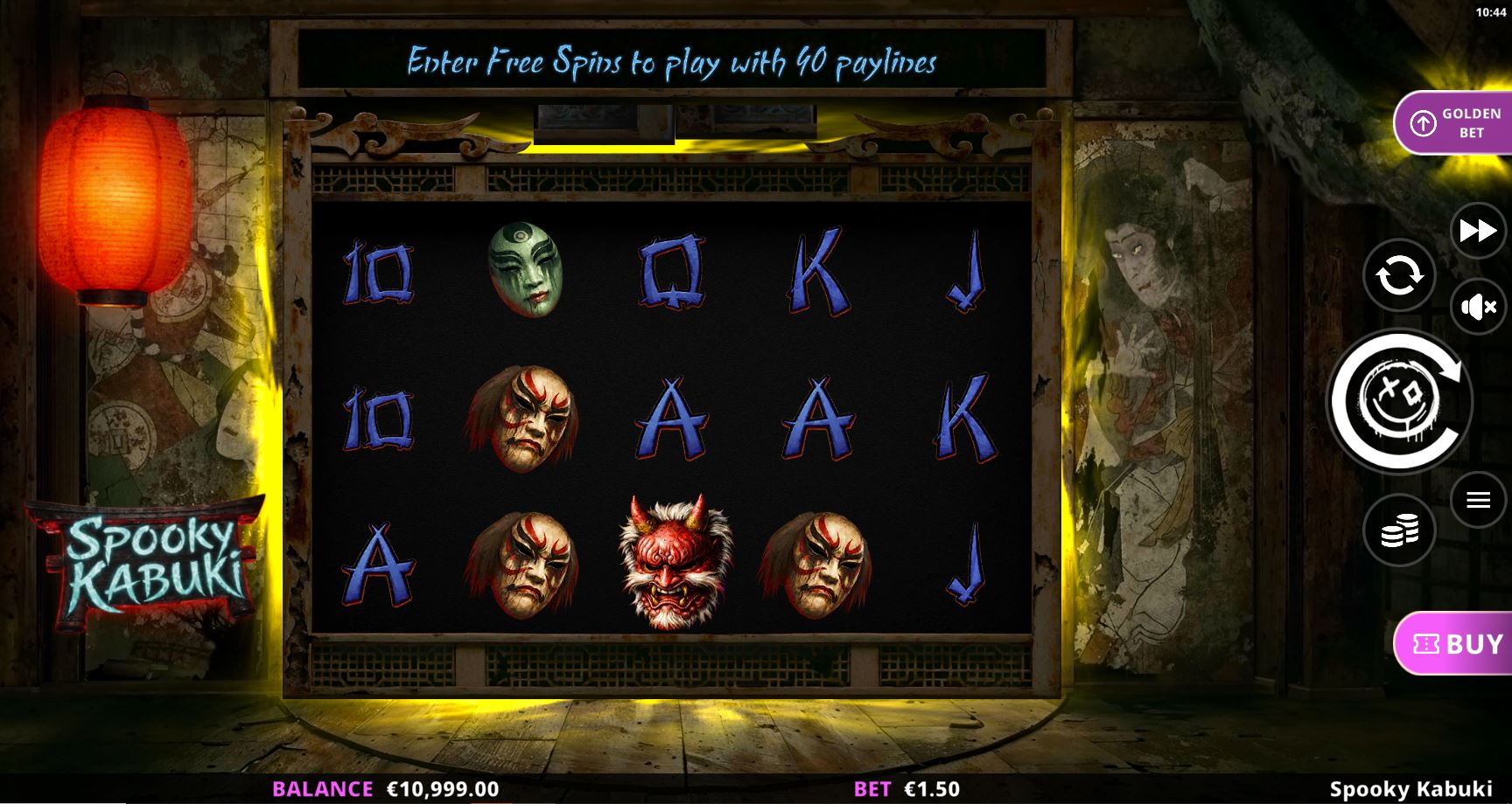 Interfața slotului Spooky Kabuki de la Yggdrasil, în modul demo, cu 5 role, 3 rânduri, 40 de linii de plată în Free Spins și simboluri cu măști Kabuki, demoni japonezi și litere. Sunt afișate soldul de 10.999 EUR, pariul de 1,50 EUR, funcția Golden Bet și butoanele Spin, Autoplay și Buy Bonus, pe fundal horror japonez.