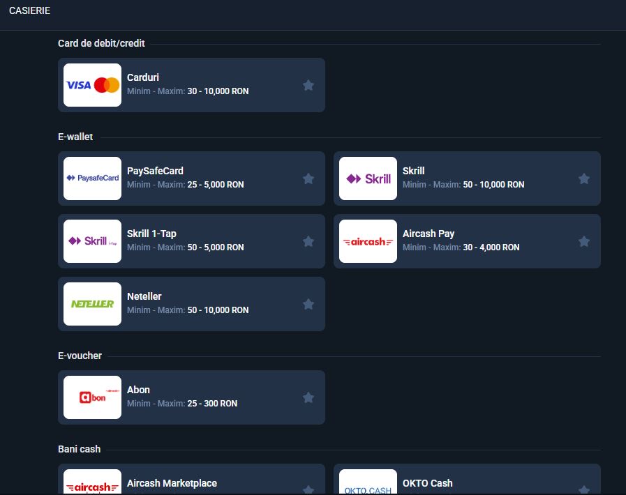 metode-de-plata-pariuriplus Pagina Casierie PariuriPlus, cu metode de depunere prin carduri Visa și Mastercard, PaySafeCard, Skrill, Skrill 1-Tap, Aircash Pay, Neteller și voucher Abon. Sunt afișate limitele de depunere între 25 și 10.000 RON, precum și opțiunile Aircash Marketplace și OKTO Cash.