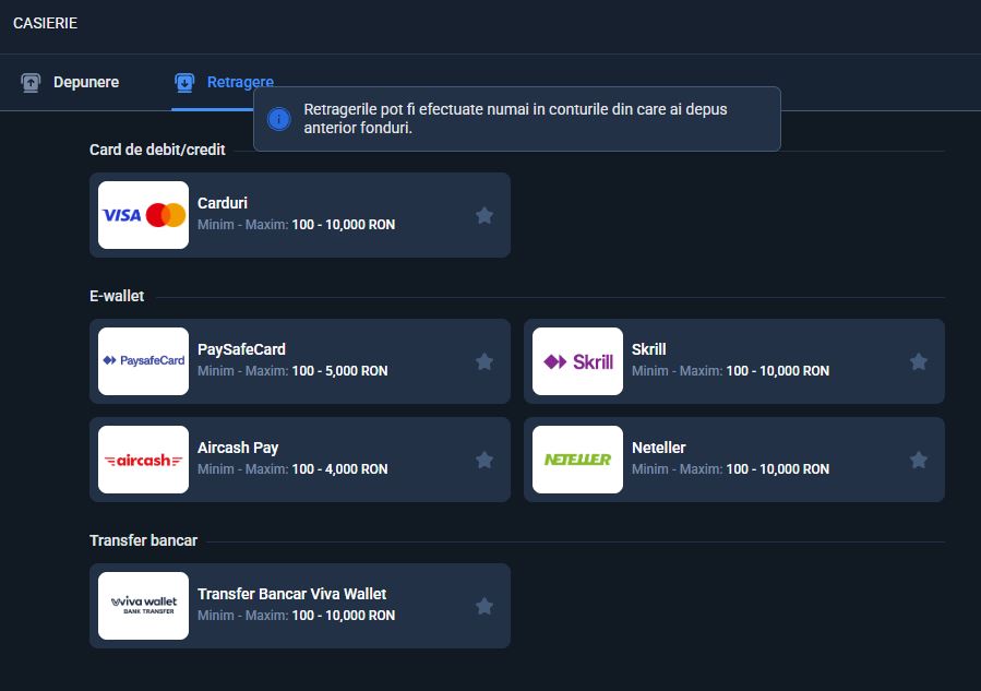 metode-retragere-pariuriplus Pagina de retrageri din Casieria PariuriPlus, cu metode de plată Visa și Mastercard, PaySafeCard, Skrill, Aircash Pay, Neteller și transfer bancar Viva Wallet. Sunt afișate limitele de retragere între 100 și 10.000 RON și condiția utilizării conturilor din care au fost efectuate depuneri anterioare.